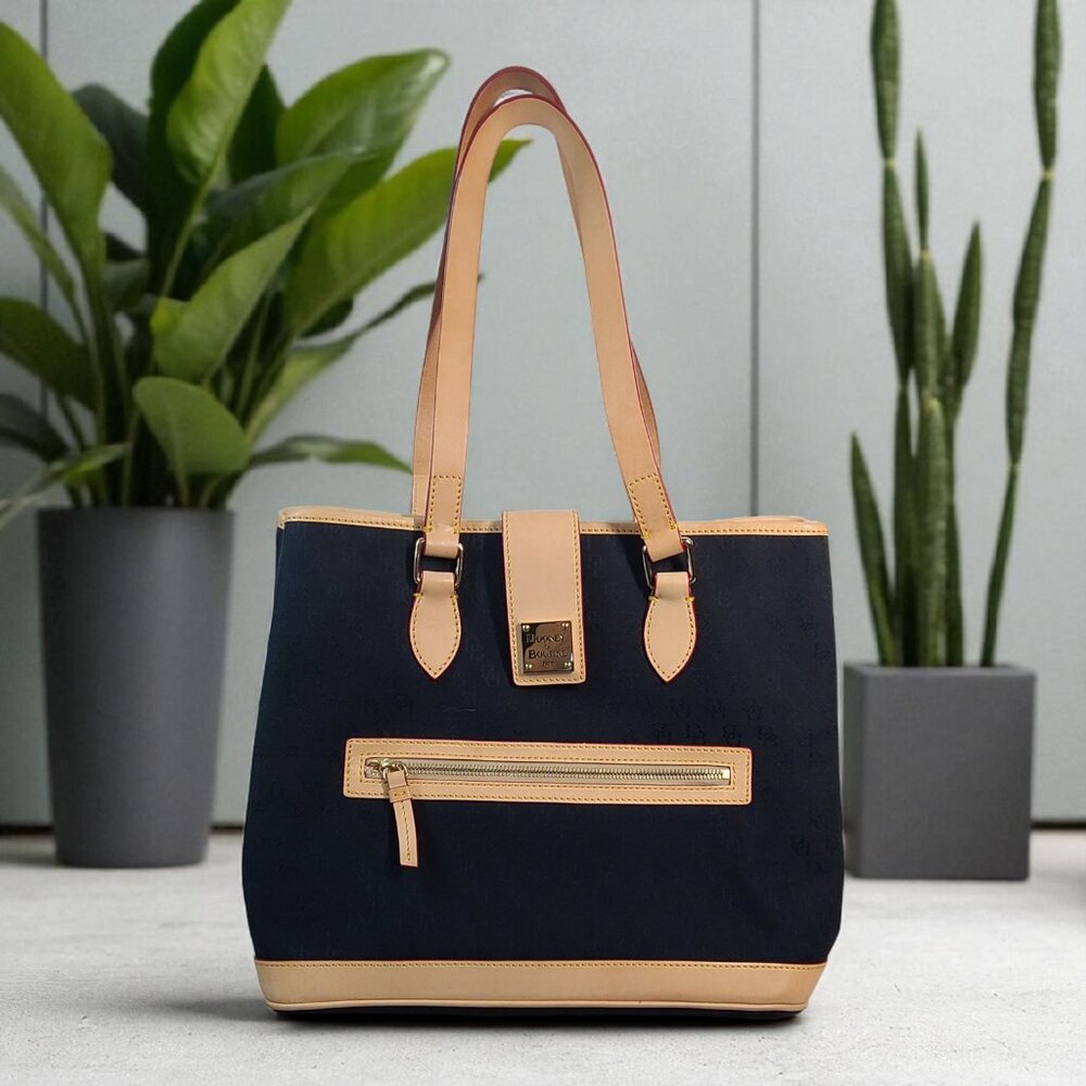 Dooney & Bourke Logo Shoulder Handbag BLACK Canvas Tan Leather Large Tote - Picture 2 of 16